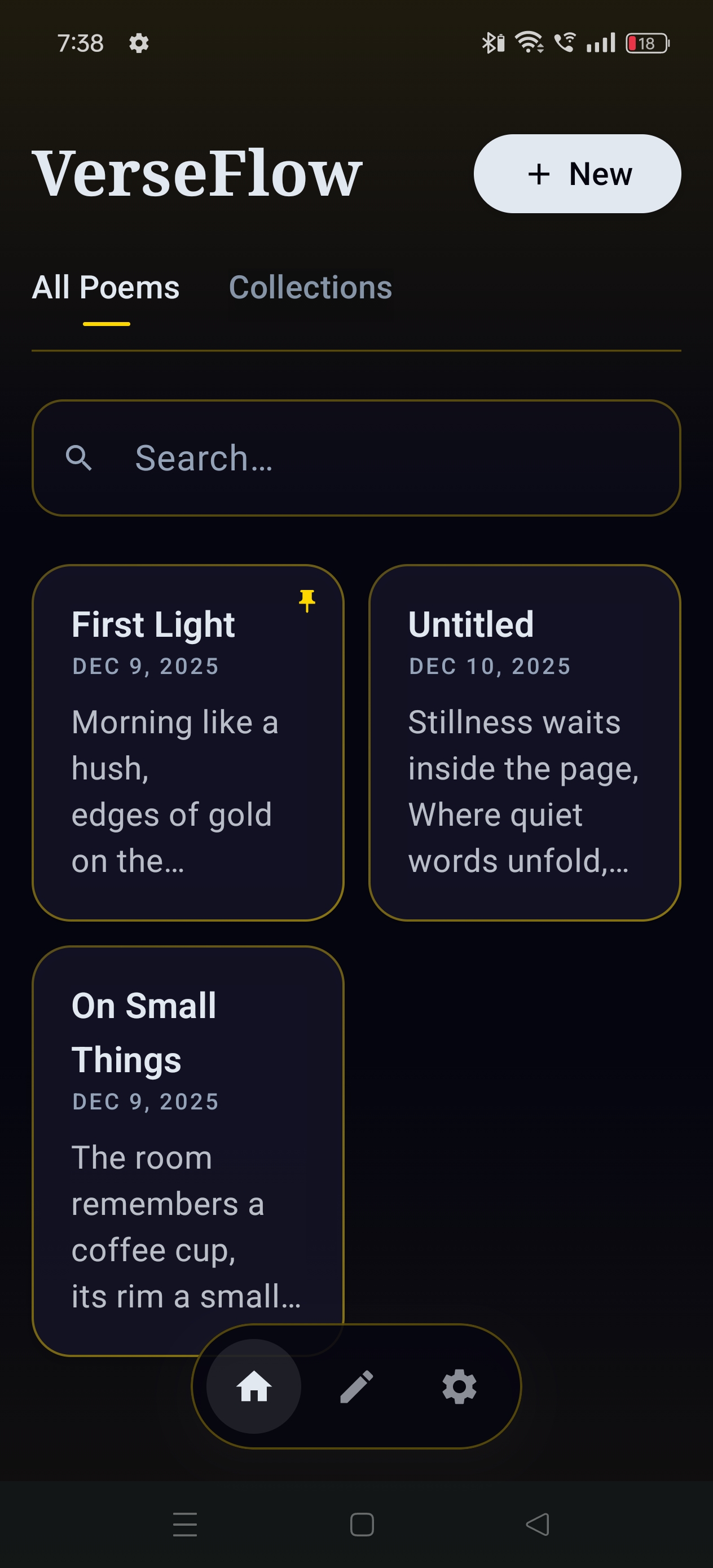 Masonry library view showing poem cards