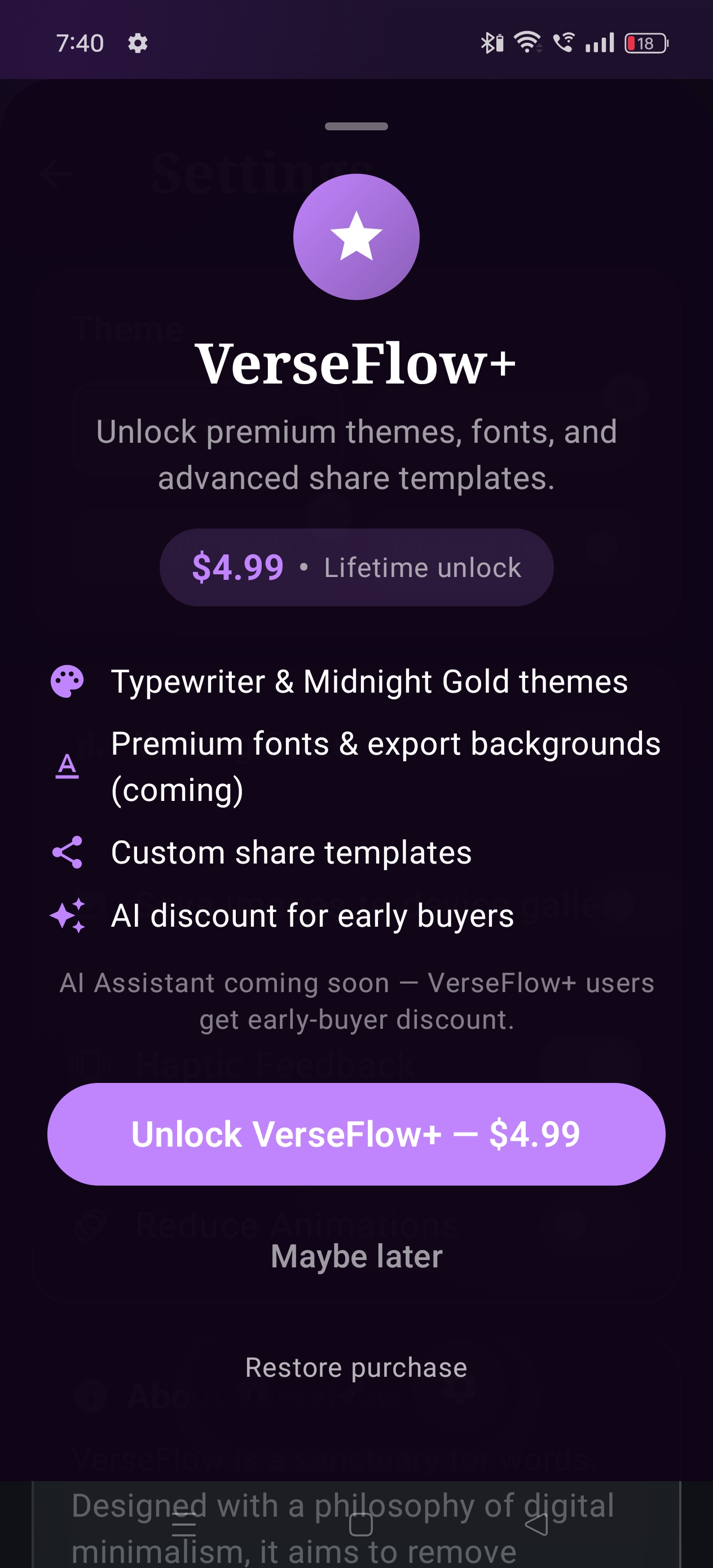 VerseFlow+ premium features screen